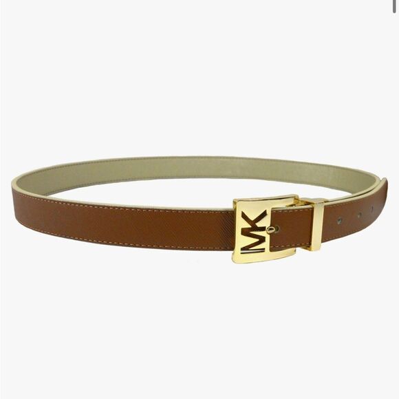 Michael Kors Womens Twist Reversible Leather Gold Buckle Belt Brown Large - Picture 1 of 4